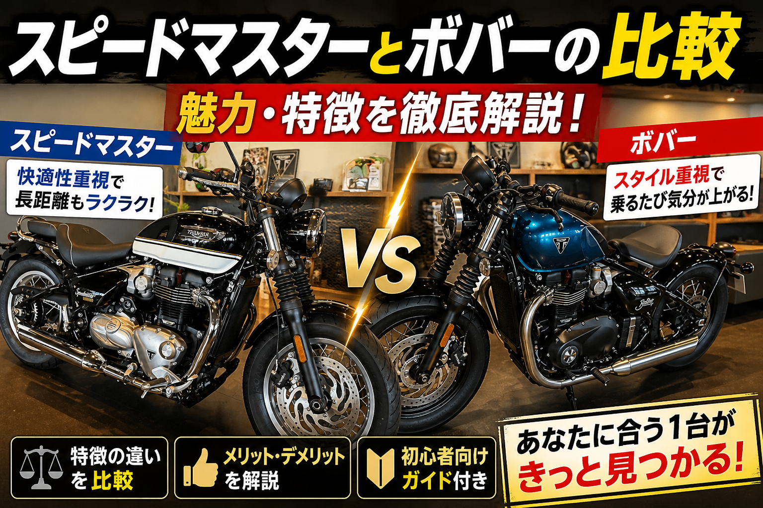 トライアンフのボンネビルスピードマスターとボンネビルボバーの比較