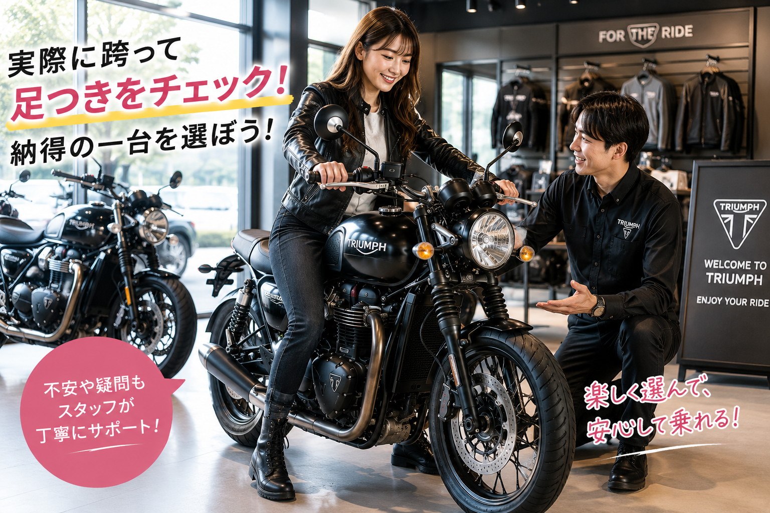 足つきを試しているお客様と丁寧な接客をするトライアンフ柏スタッフ